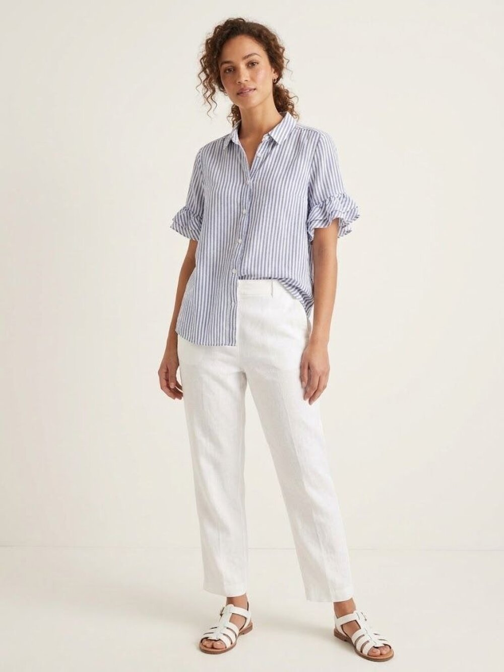 BeachLunchLounge Womens Striped Button Up Blouse L Blue White Ruffle Sleeve Shir